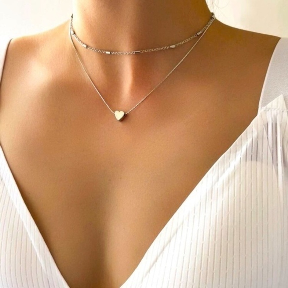 Silver layered heart choker necklace